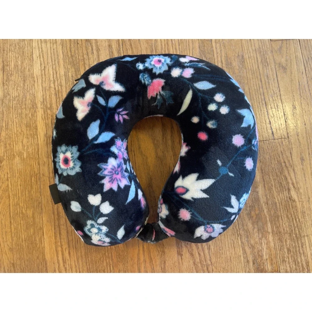 Vera Bradley Floral Plush Travel Neck Pillow Black Blue Pink Snap Closure 2023